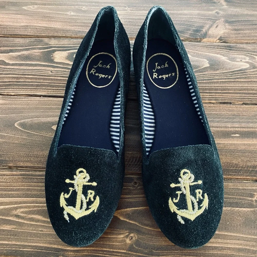 Jack Rogers Reese Suede Anchored Nautical Embroidered Ballet‎ Flats Black Size 6 - Picture 2 of 8